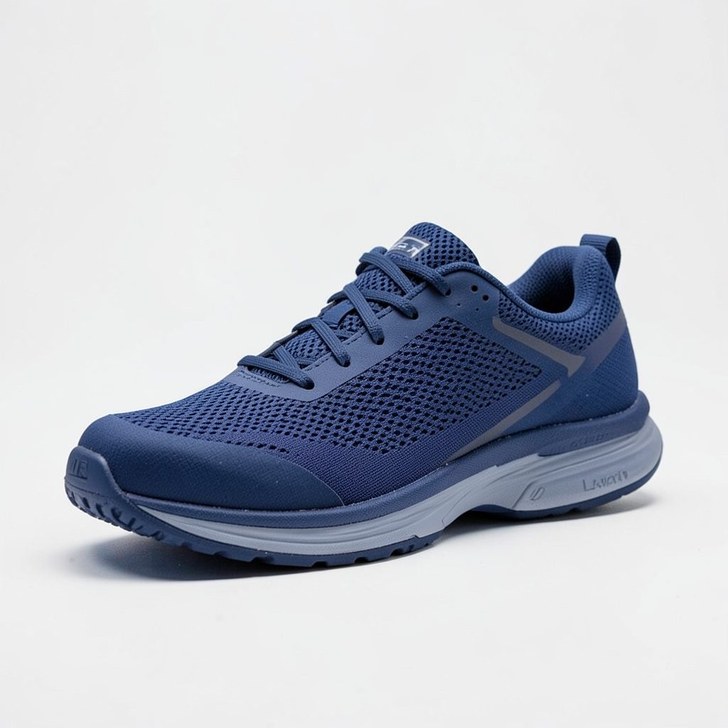 A men's running shoe in navy blue with Lunarlon cushioning and a breathable mesh upper