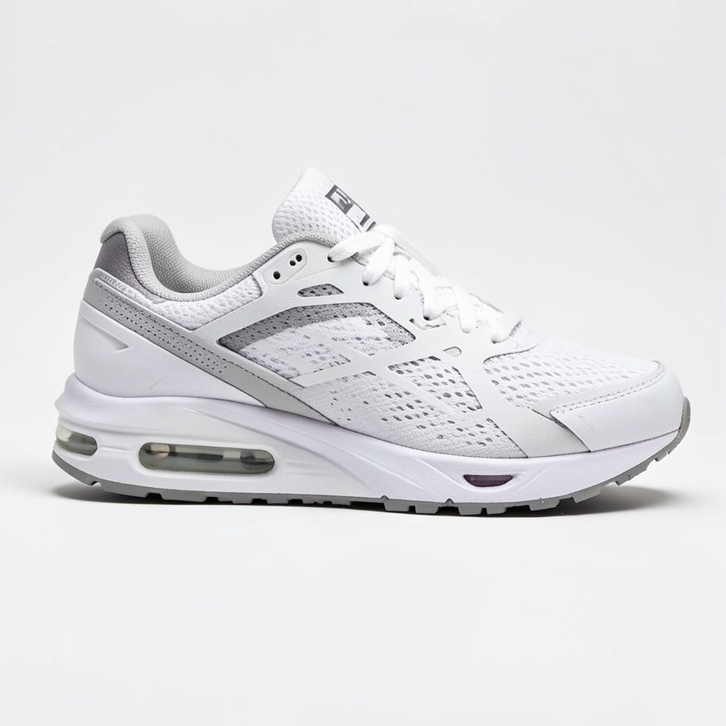 A men's running shoe in white with gray overlays and a visible Air Max unit, athletic and bold