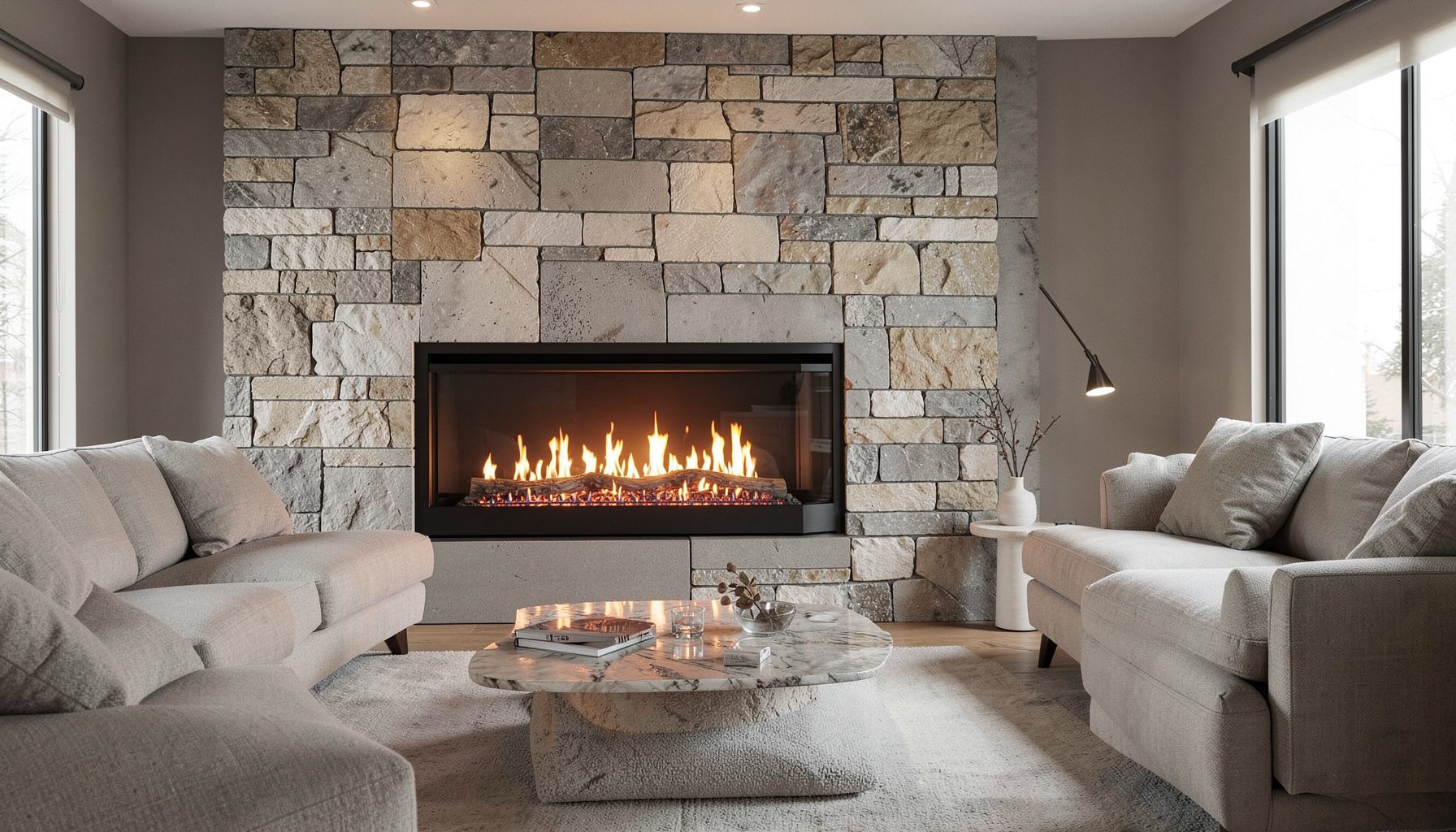 A modern living room with a sleek gas fireplace set into a stone wall, warm amber flames glowing against neutral tones