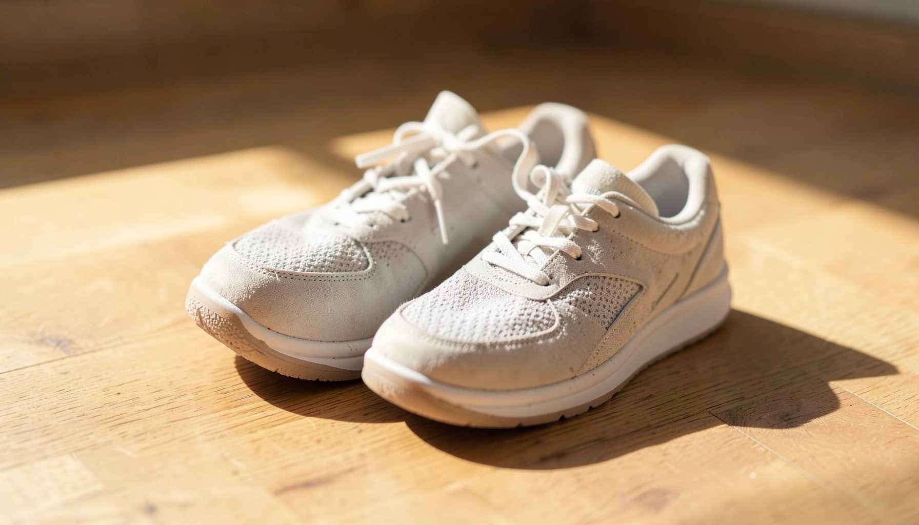 A pair of lightweight running shoes resting on a sunlit wooden floor, warm neutral tones with soft shadows