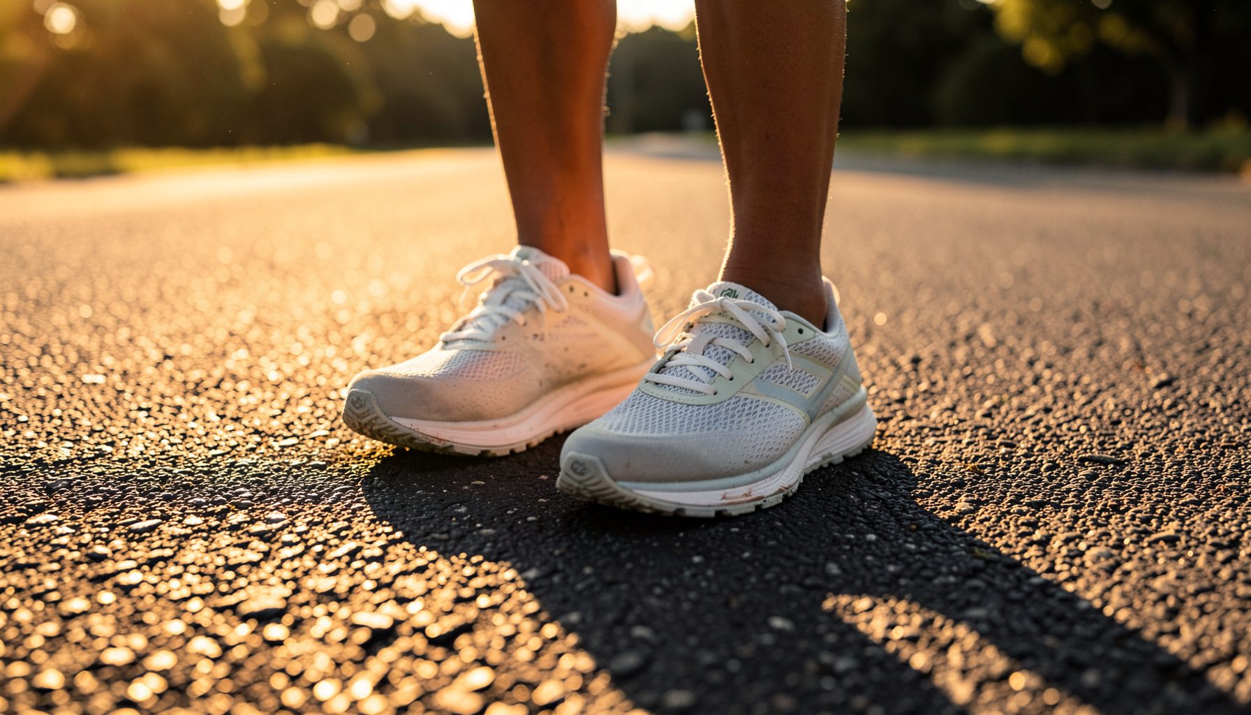 A pair of lightweight running shoes resting on a sunlit asphalt road, warm golden-hour light casting long shadows, energetic and athletic mood
