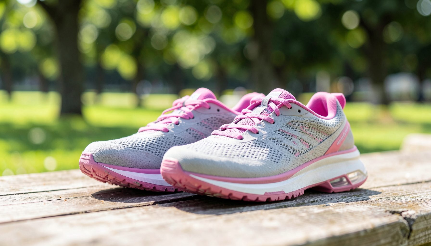 A pair of lightweight women's running shoes in soft gray and fuchsia tones, resting on a sunlit wooden surface with a blurred green park background