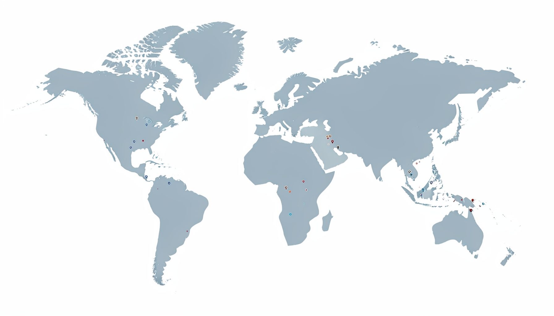 A simplified world map outline in muted grey-blue tones on a white background, with small highlighted dots marking global shipping destinations