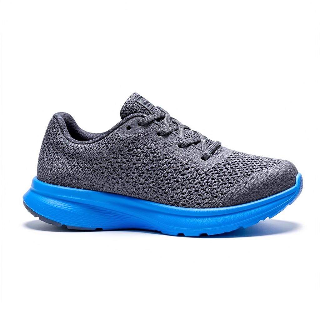 A sleek men's running shoe in dark gray mesh with a bright blue sole, shown against a clean white background