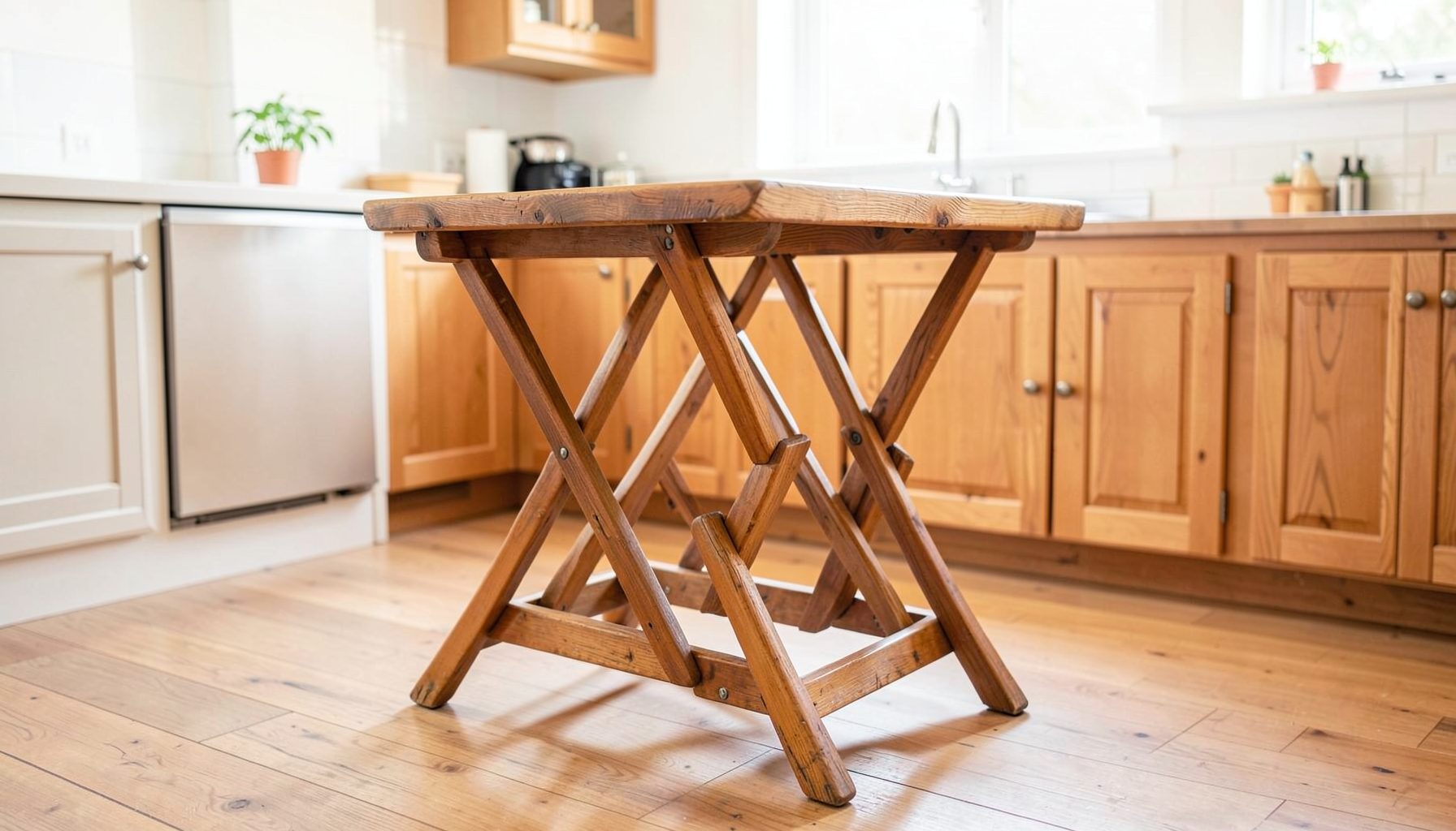 A sturdy wooden folding pub table in a bright kitchen, warm oak tones against white walls