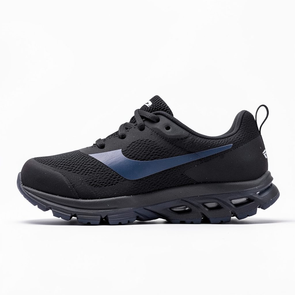 A women's running shoe in black with a dark blue Swoosh and a flexible segmented sole