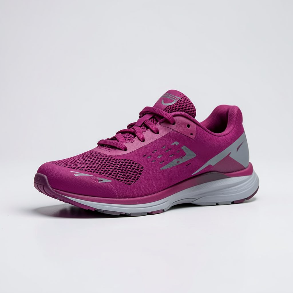 A women's running shoe in deep fuchsia and gray with a flexible, low-profile sole
