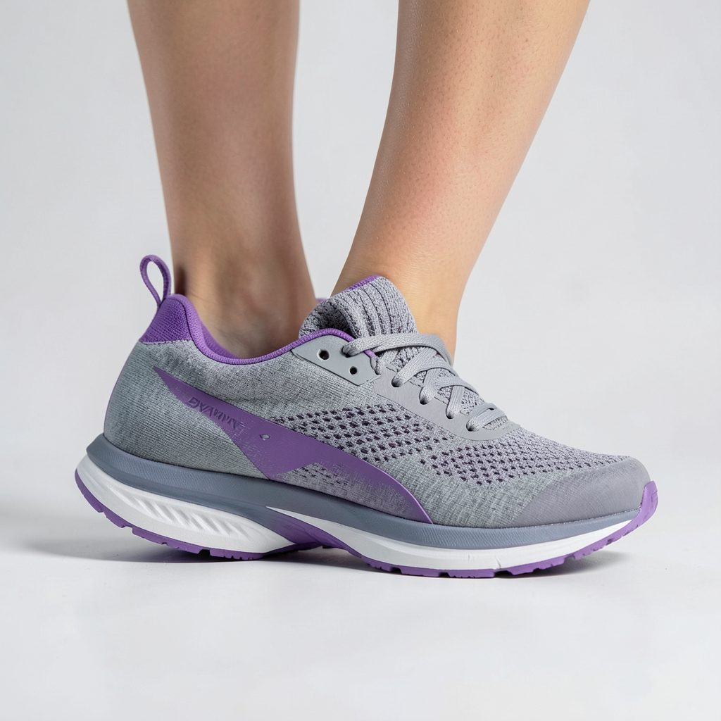 A women's running shoe in gray with purple accents and a Dynamic Fit sleeve for a snug feel