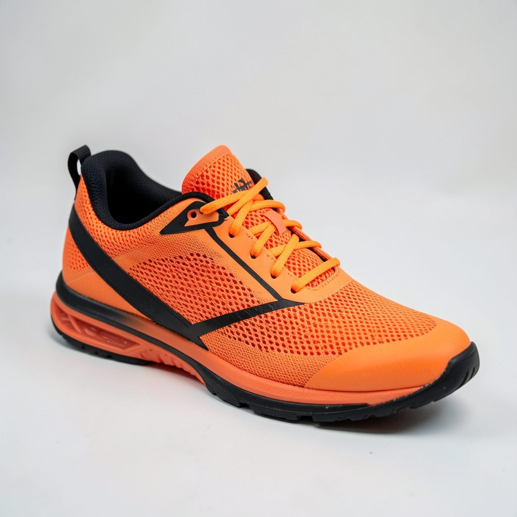 A women's running shoe in vibrant orange with black accents and a lightweight mesh upper