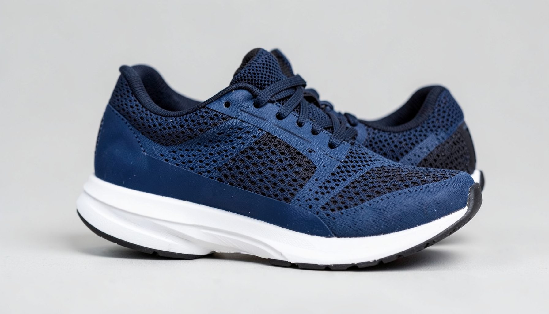 Women's running shoe in dark blue with black mesh panels and contrasting white midsole