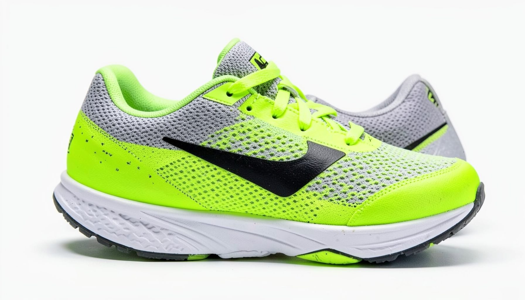 Women's running shoe in fluorescent green with gray mesh and black swoosh