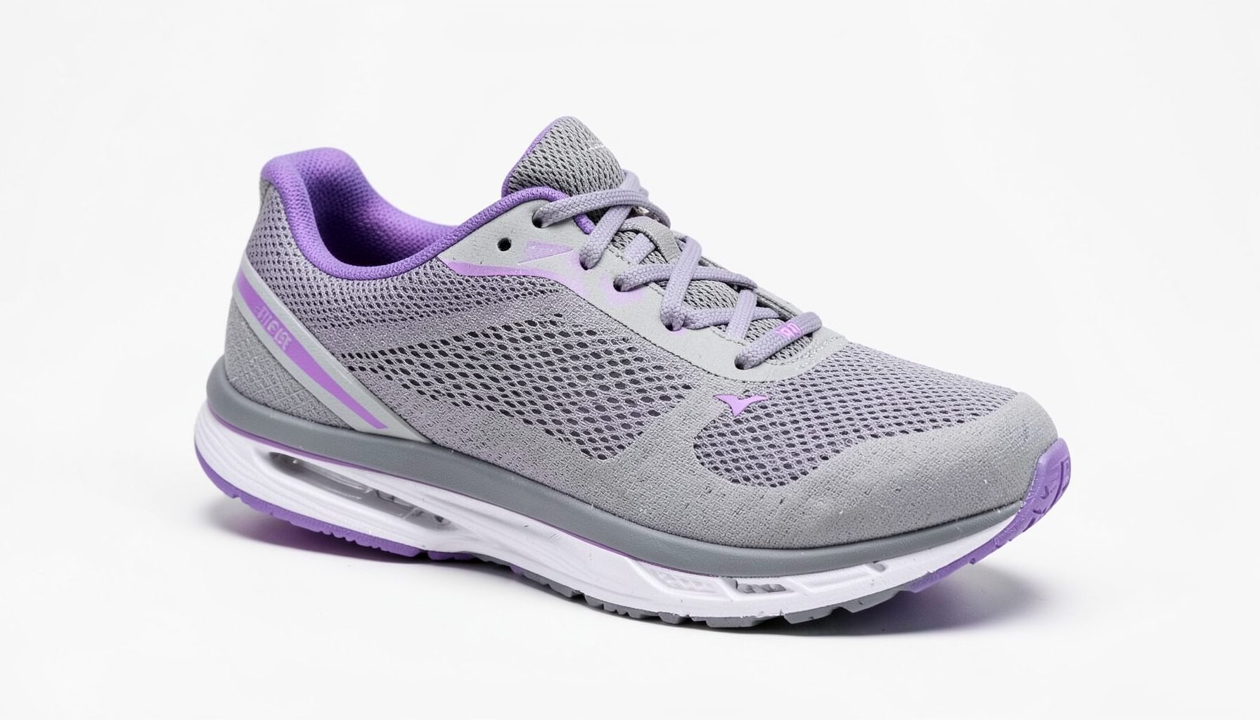 Women's running shoe in gray with purple highlights on the upper and laces
