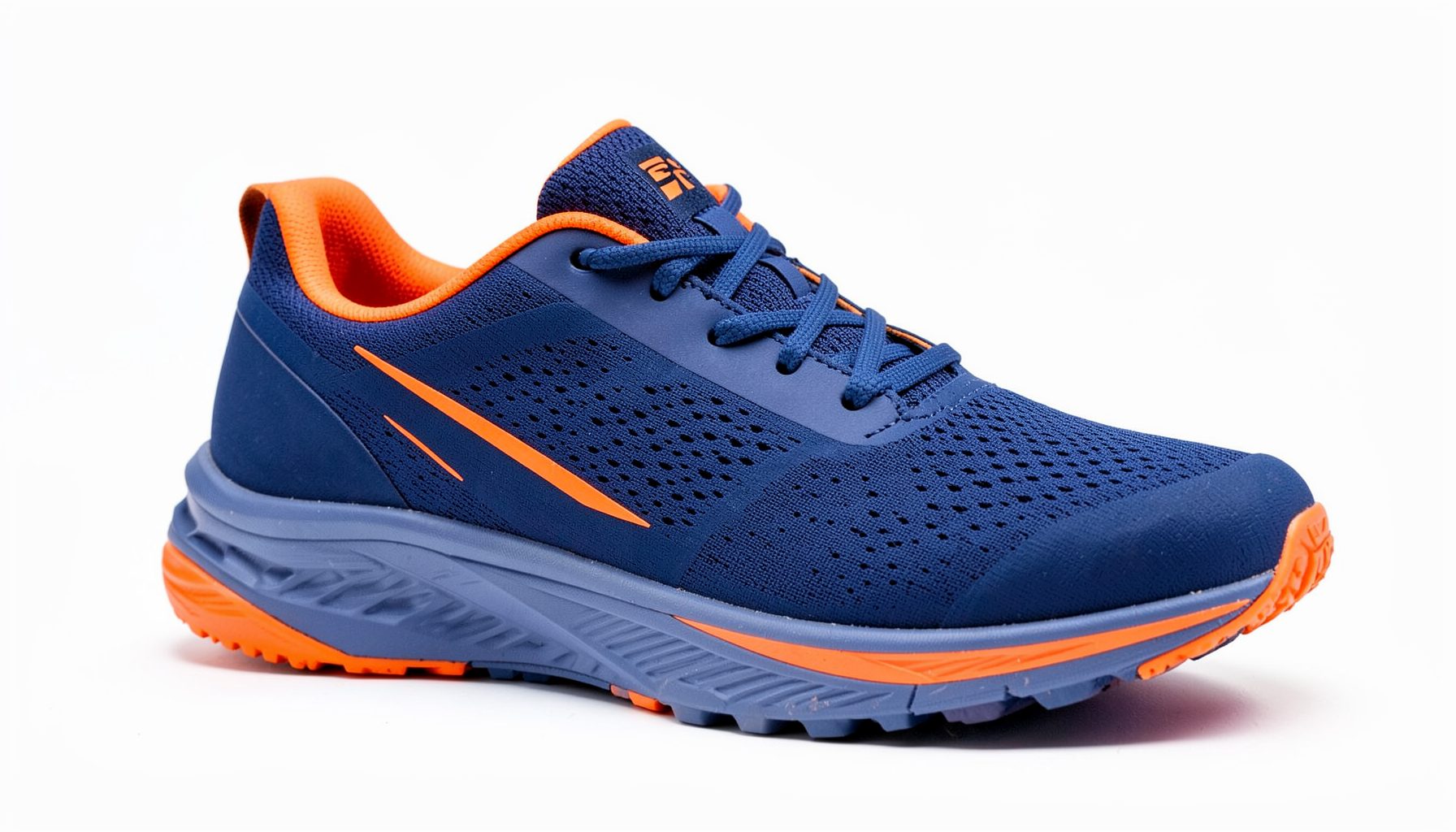 Women's running shoe in navy blue with bright orange accents for a bold contrast