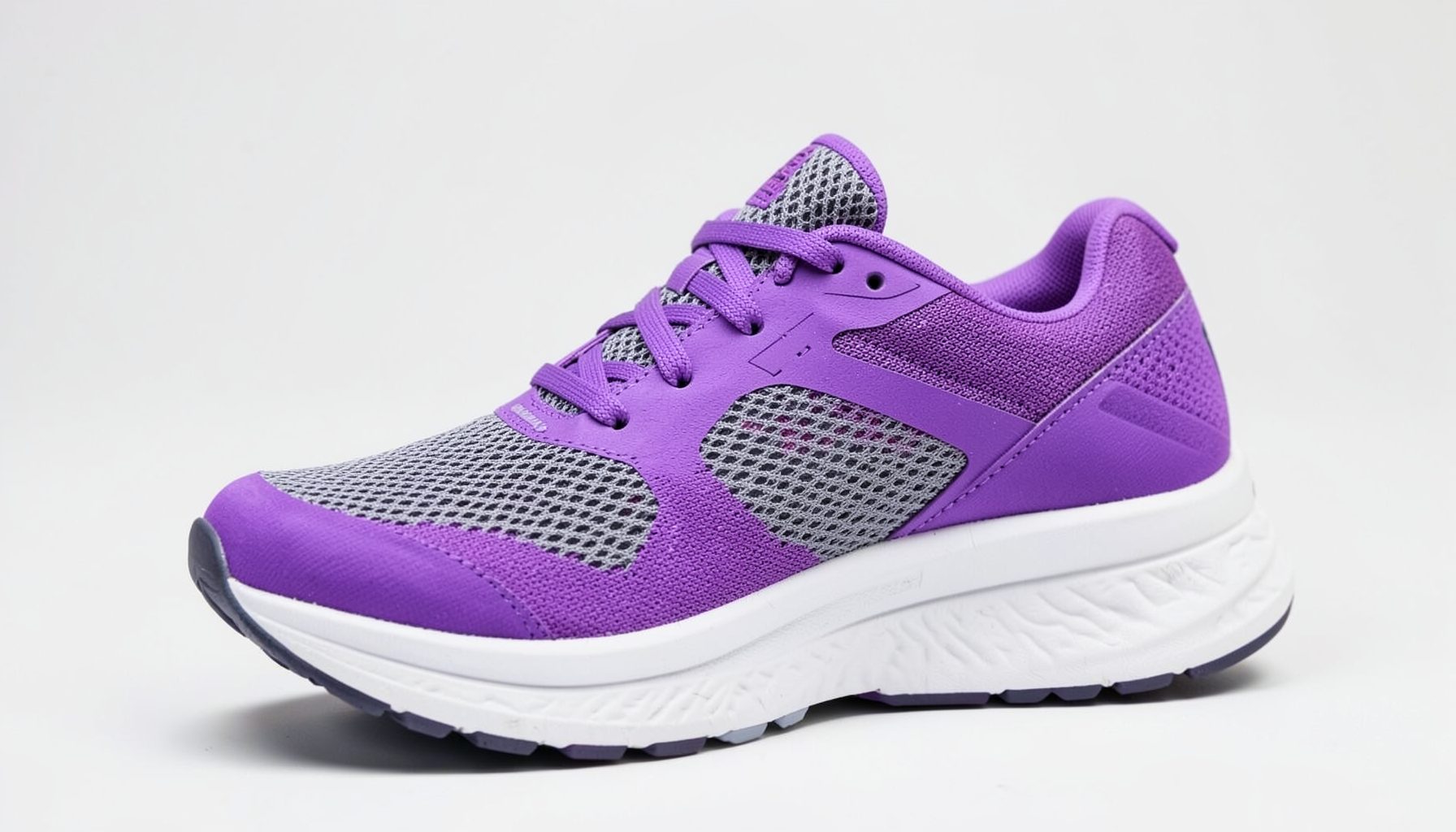 Women's running shoe in purple with gray mesh and a white midsole