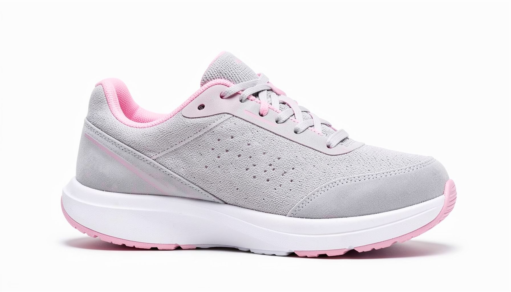 Women's running shoe in soft gray with pink accents and a clean white sole