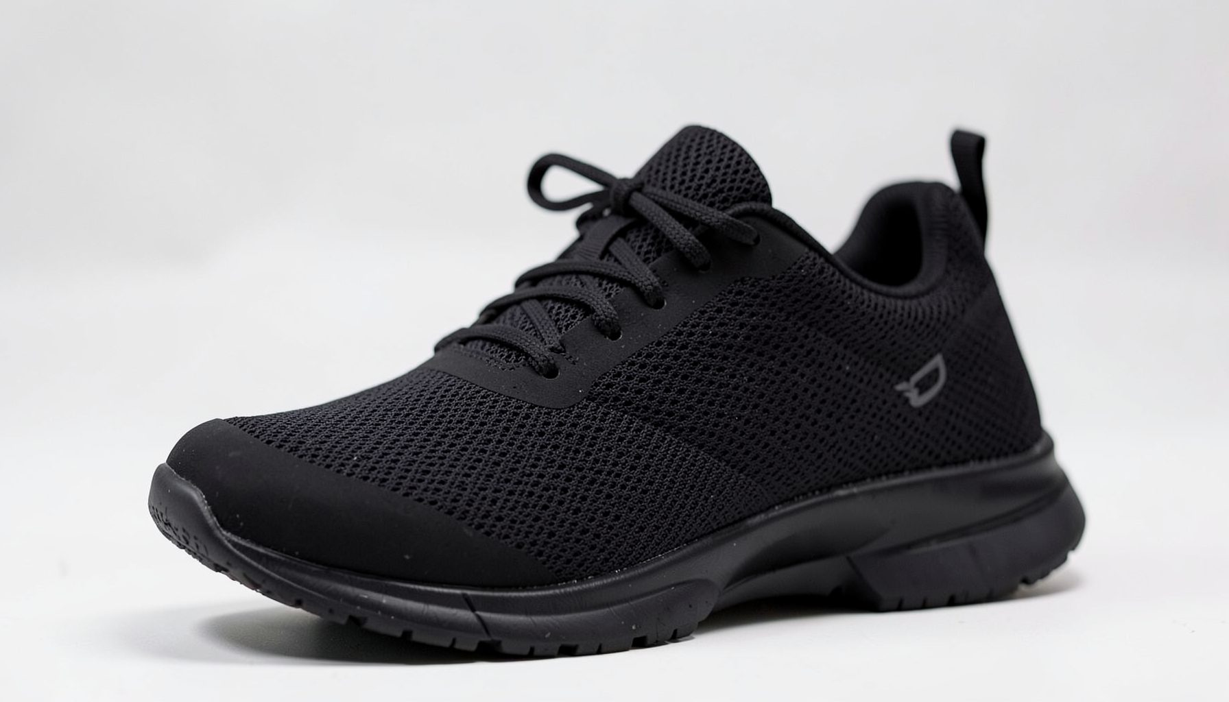 Women's running shoe in solid black with a dark mesh upper and matching laces