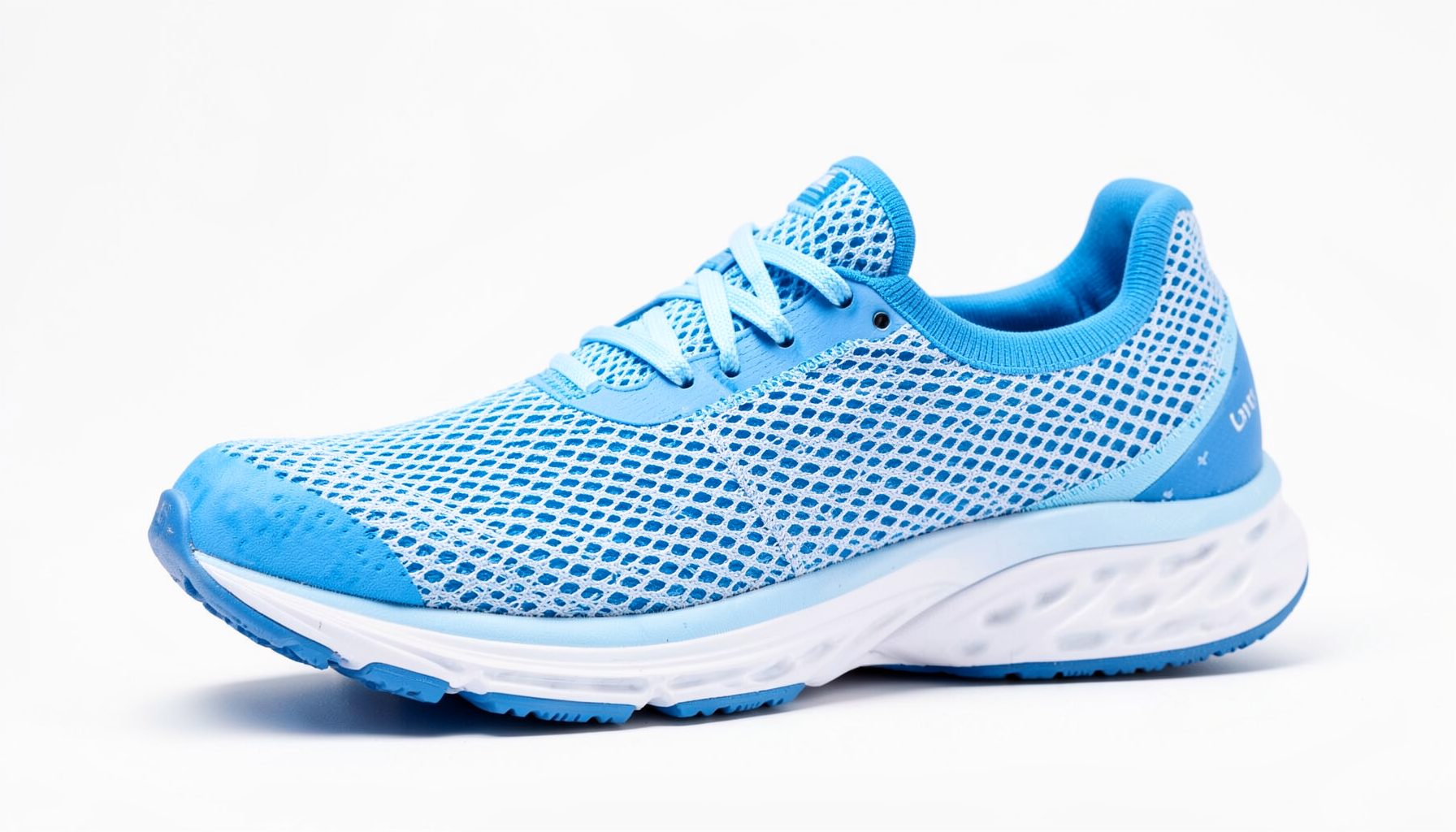 Women's running shoe with a mesh grid pattern in blue and white, lightweight and breathable