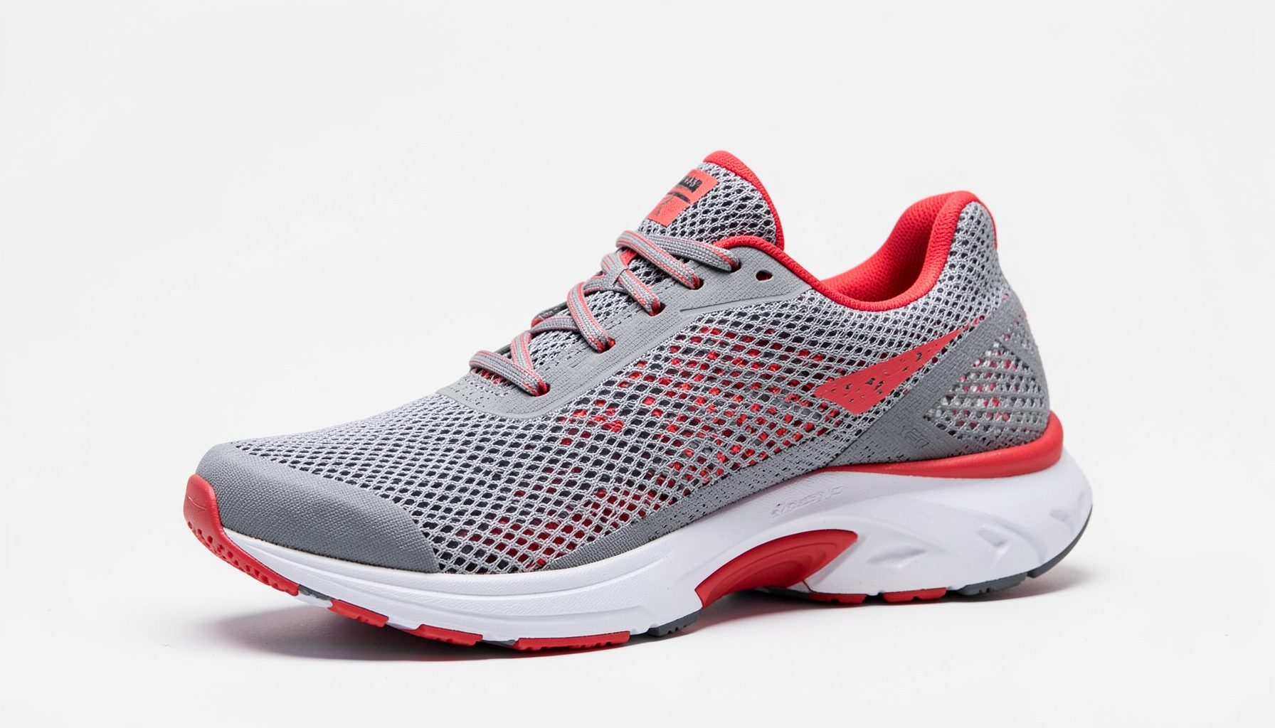 Women's running shoe with a mesh grid pattern in gray and red, sporty and sleek